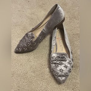Sole Society crushed velvet, jewel encrusted silver grey flats